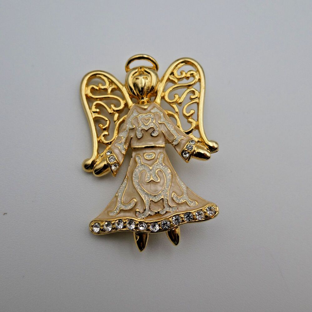Holiday Lane Vintage Gold Tone Angel Brooch Enamel Filigree Rhinestone Halo Pin
